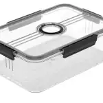 Clear plastic pantry storage container with lid and vent for freshness.