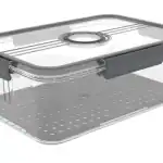 Clear plastic pantry storage container with lid and perforated tray.