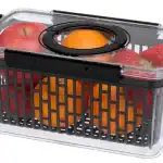 Clear produce storage container with handle for fruits and vegetables.