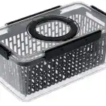 Clear plastic pantry storage container with black handle and vented design.