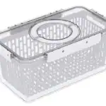 Clear plastic pantry storage container with handle and lid for organization.