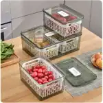 Small, narrow and large double colander produce keeper set, stackable clear PET PP fridge fruit vegetable storage containers with removable drain baskets for refrigerator produce organization