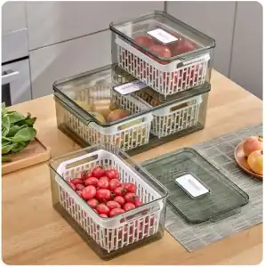 Small, narrow and large double colander produce keeper set, stackable clear PET PP fridge fruit vegetable storage containers with removable drain baskets for refrigerator produce organization