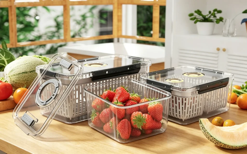 Transparent stackable produce keeper with adjustable vent lid and removable colander, refrigerator fruit vegetable storage containers for berries lettuce produce saver