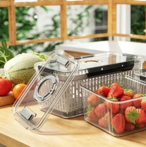 Transparent stackable produce keeper with adjustable vent lid and removable colander, refrigerator fruit vegetable storage containers for berries lettuce produce saver