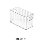 Transparent storage container with handles for pantry organization.