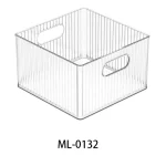 Transparent storage bin with handles for pantry and refrigerator organization.