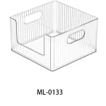 Transparent storage bin with handles for pantry and refrigerator organization.