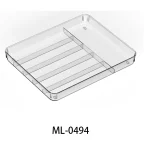 Plastic cutlery organizer tray with multiple compartments for kitchen drawer.