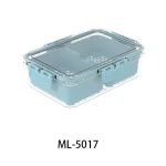 Blue multi-compartment pantry storage container with secure latches.