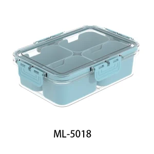 Blue multi-compartment lunch and snack box for storage and organization.