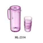 Pink water pitcher with matching glasses for kitchen storage and serving.