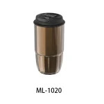 Stainless steel travel mug with black lid for hot beverages.
