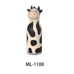 Adorable cow-themed water bottle with a playful design for children.