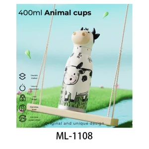 Cute animal design 400ml water bottle for children with leak-proof stainless steel.