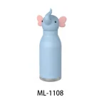 Cute elephant-shaped water bottle with pink ears and a blue body for children.
