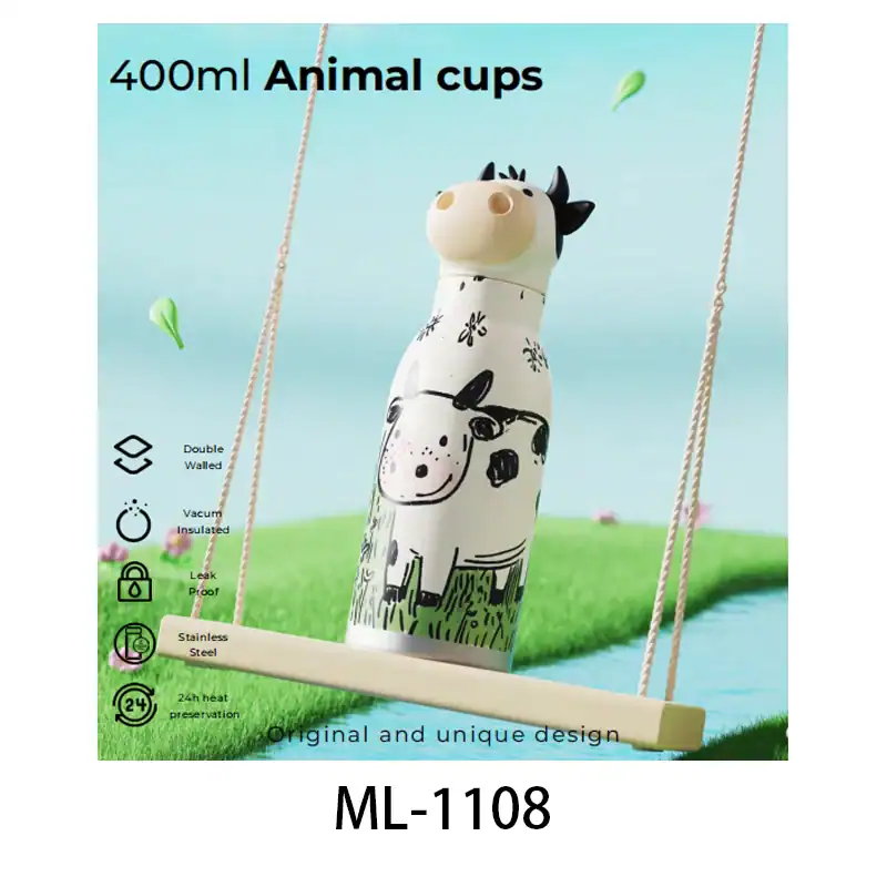 Cute animal design 400ml water bottle for children with leak-proof stainless steel.