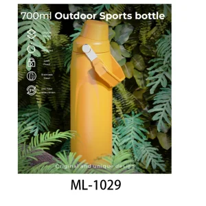 Yellow 700ml outdoor sports water bottle with leak-proof lid and strap.