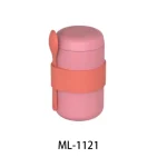 Pink portable food storage container with lid and spoon holder.