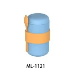 Blue and orange portable food storage container with spoon holder.