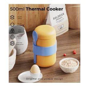 Colorful 500ml thermal food container with lid on wooden surface.