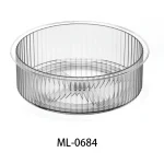 Transparent round food storage container for kitchen organization.