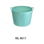 Light blue plastic storage bucket with handles for pantry organization.