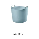Light blue plastic laundry hamper with handles for home organization.