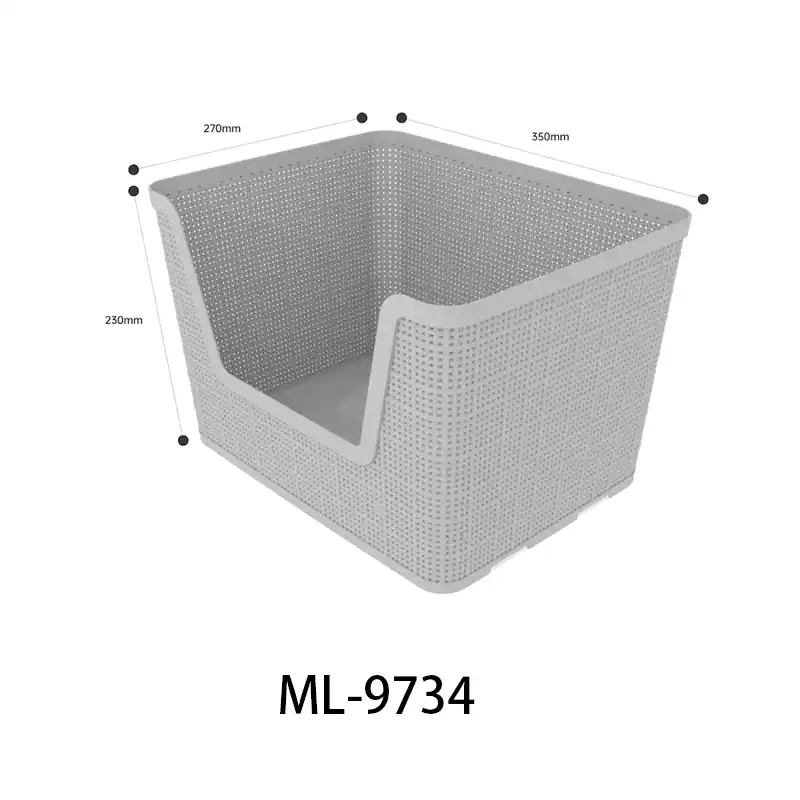 Plastic laundry storage basket with perforated design and handles.