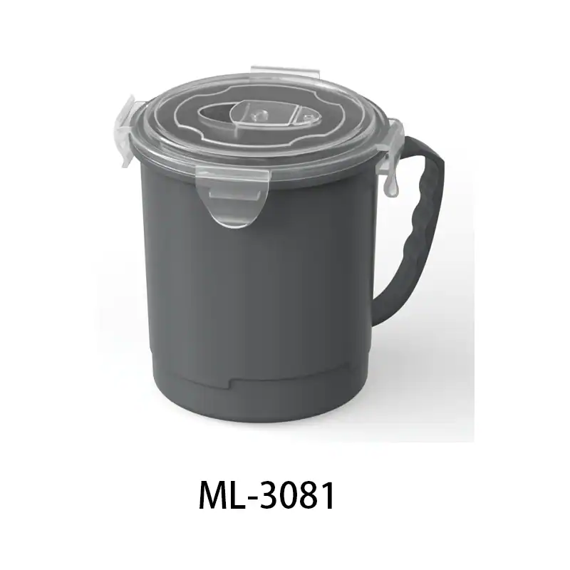 Gray microwave food container with lid and handle for storage and reheating.
