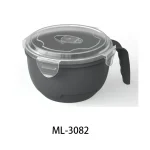 Black microwave food container with clear lid and handle for easy opening.
