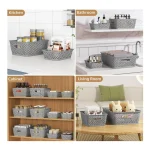 Set of gray plastic storage baskets for kitchen, bathroom, cabinet, and living room organization.