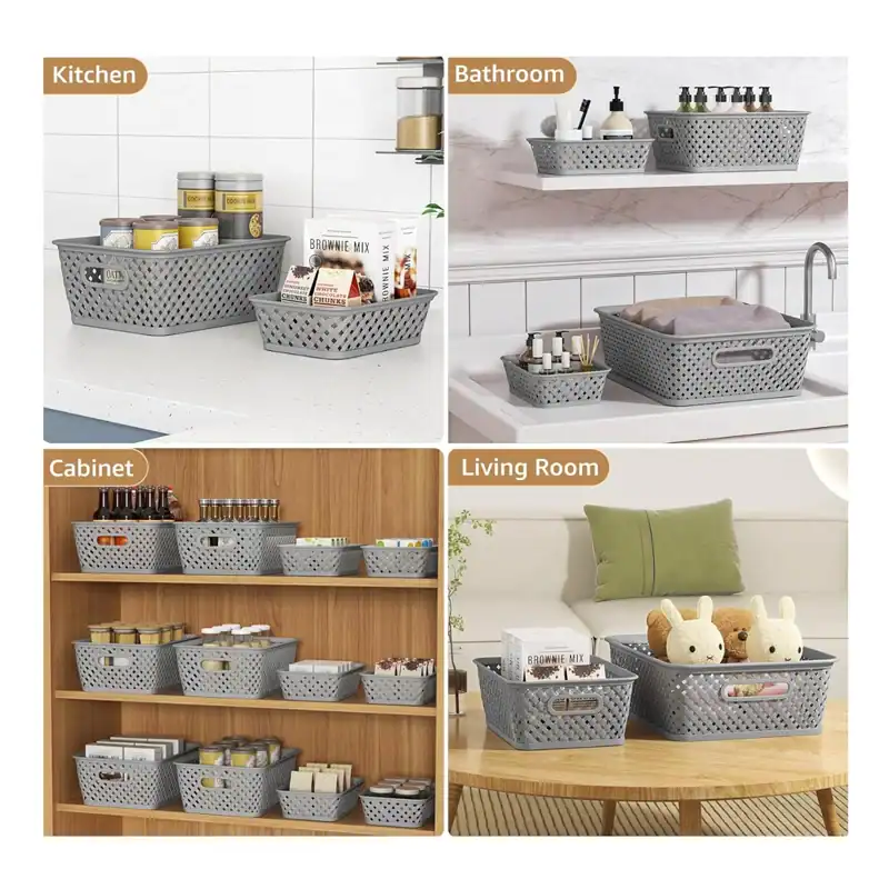 Set of gray plastic storage baskets for kitchen, bathroom, cabinet, and living room organization.