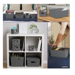 Set of gray storage baskets for home organization and storage solutions.