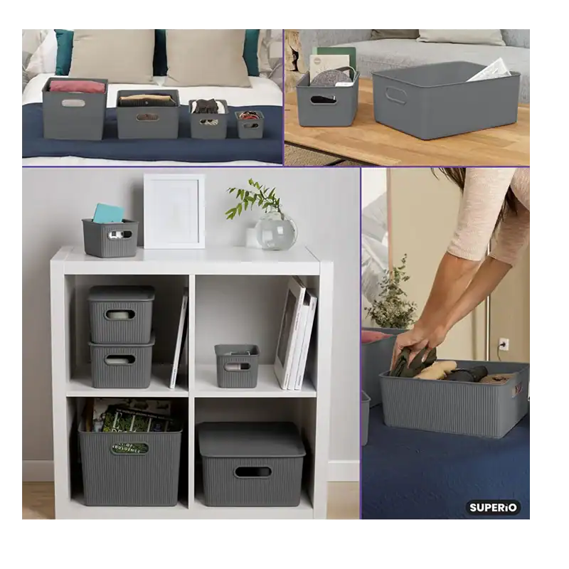 Set of gray storage baskets for home organization and storage solutions.